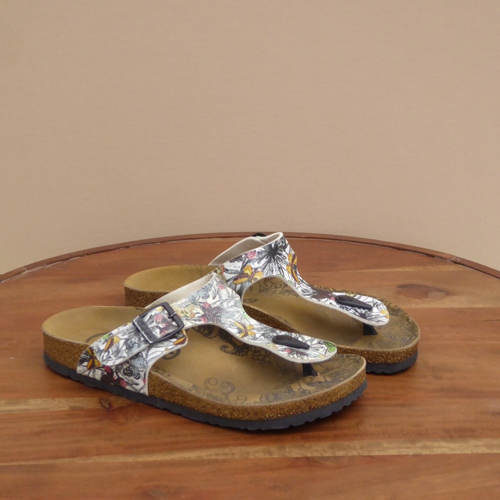 Calceo Womens Thong Sandals White Floral Butterfly Print Cork Footbed 39 / 8.5